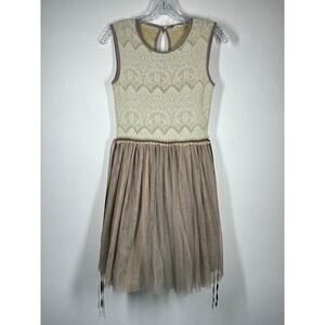 Anthropologie Weston Wear Lace Tulle Fit Flare Mini Dress Small Tan Cream Sheer
